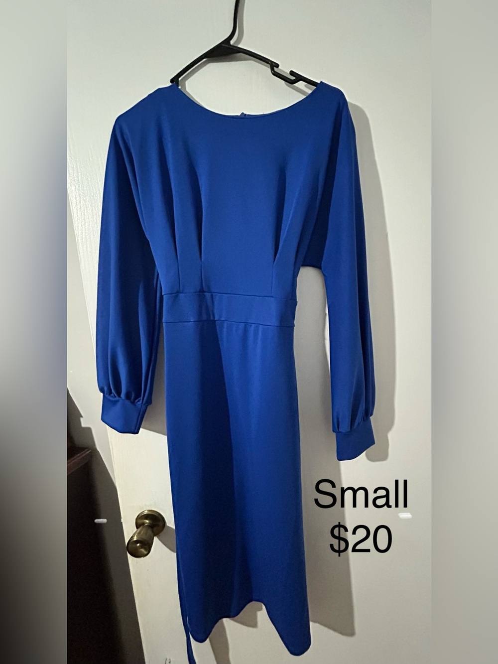 Women's Royal Blue Long Sleeve Midi Dress - Classic Scoop Neck